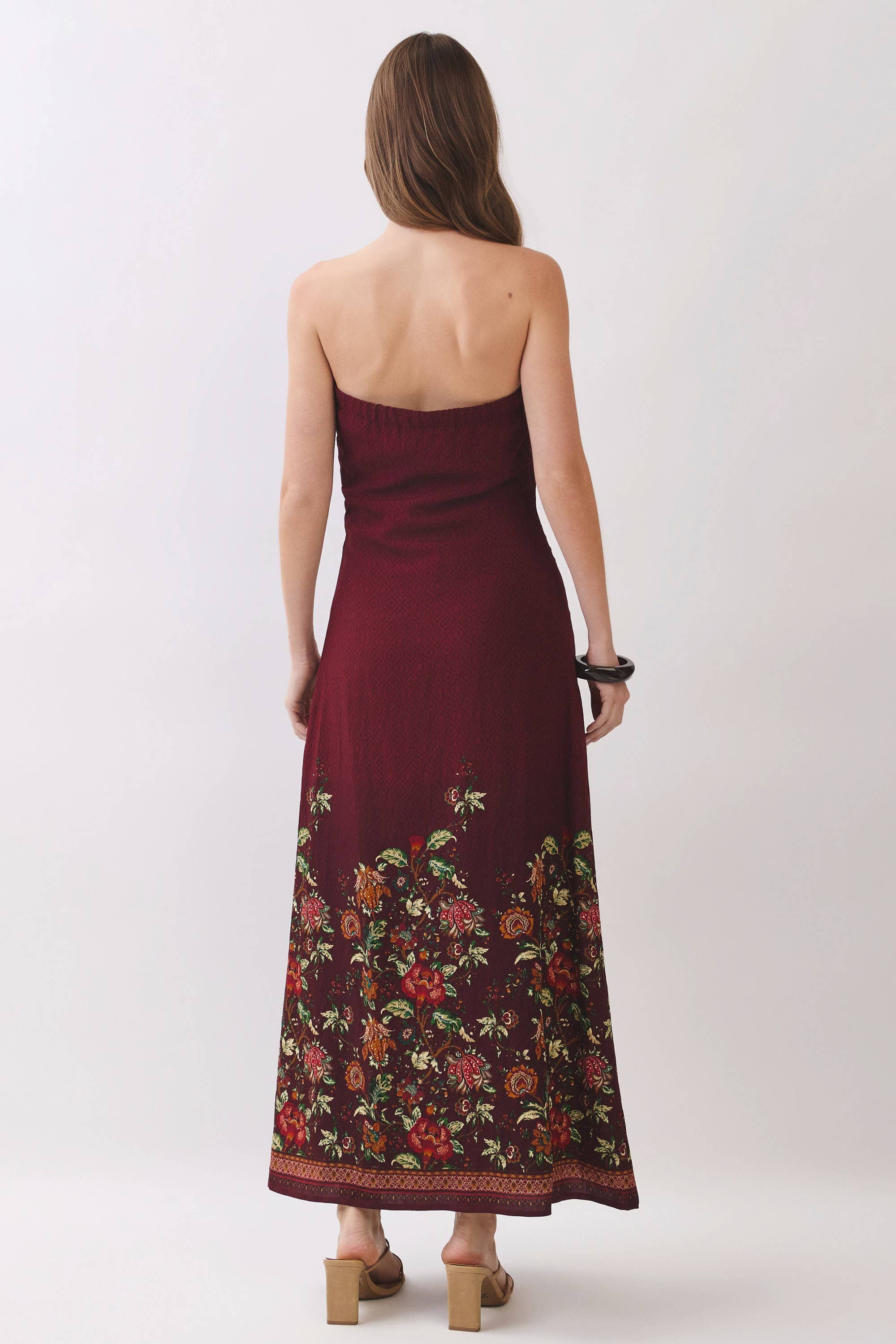 TCEC - CD07414-Border Floral Strapless Maxi Dress