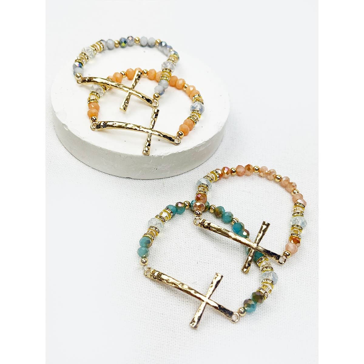 Love and Repeat - Hammered Cross Bead Stretch Bracelet