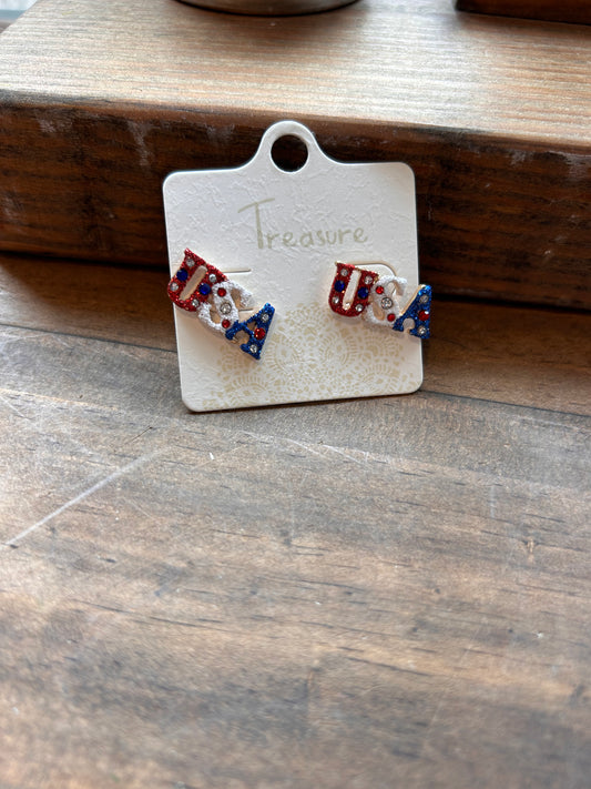 Sparkly stud "USA" earrings, in red, white and blue.