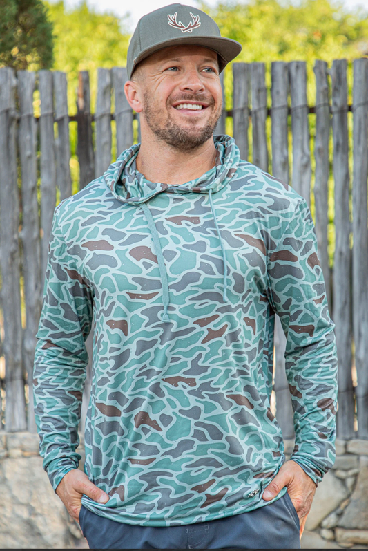 Model featuring men's Burlebo retro camo performance hoodie.