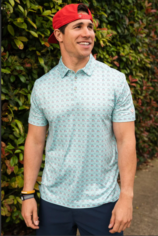 Model featuring men's light blue Burlebo Tee Time polo.