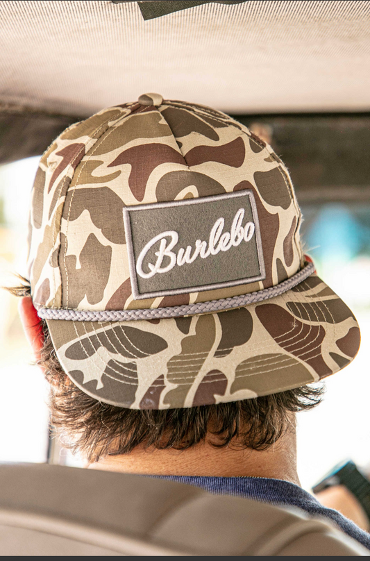 Men's camo hat with "Burlebo" in script lettering.