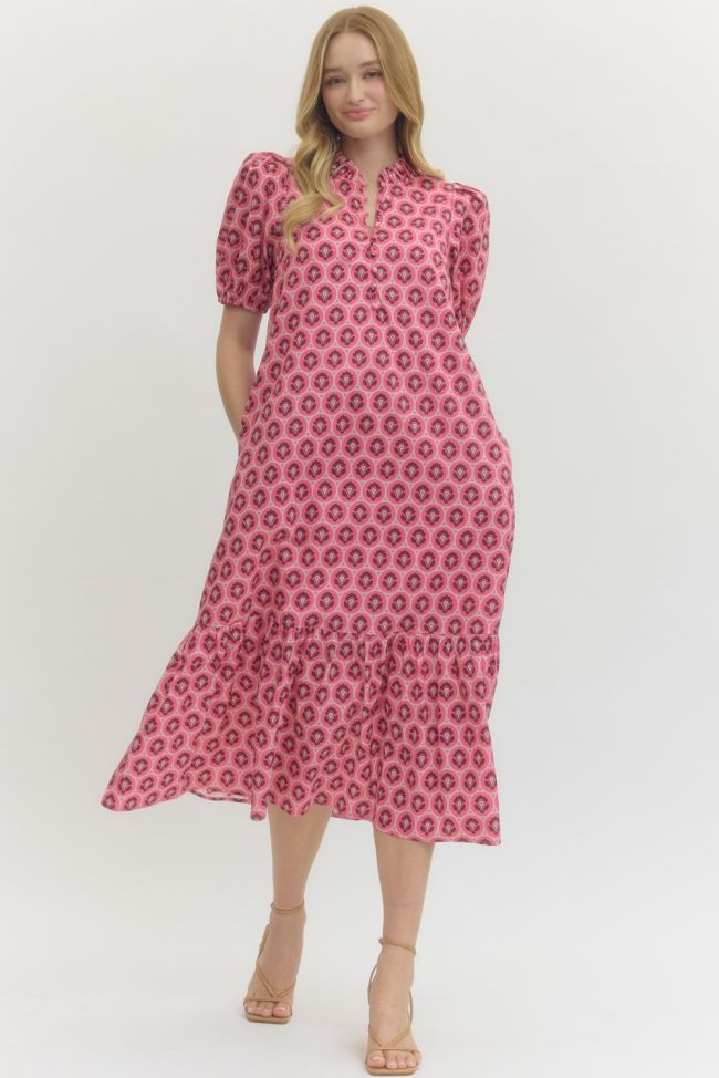 Puff Sleeve Mock Neck Midi Dress