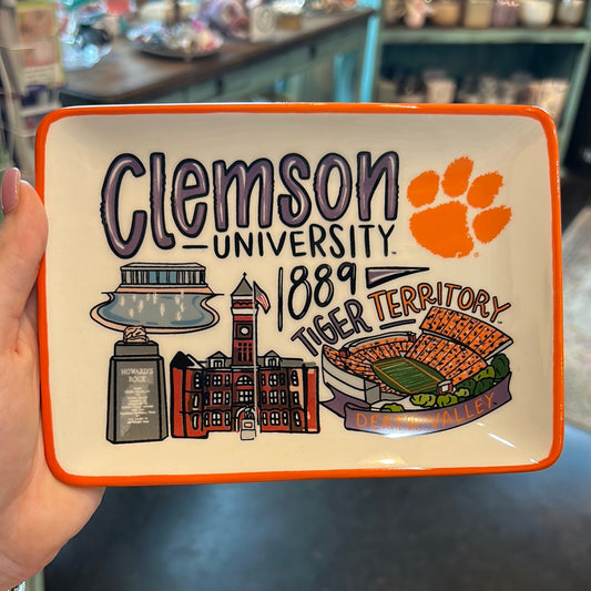 "Clemson University"; "1889"; "Tiger Territory" dish with depictions of Clemson University.
