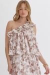 Leaf Print One Shoulder Pleated Top