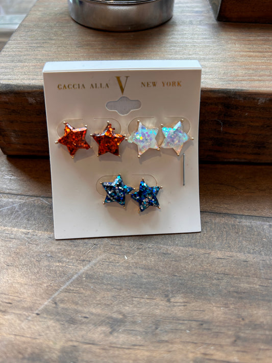 Pack of 3 star stud earrings in red, white, and blue.
