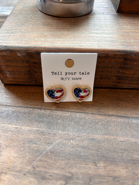 American flag stud earrings in the shape of a heart.