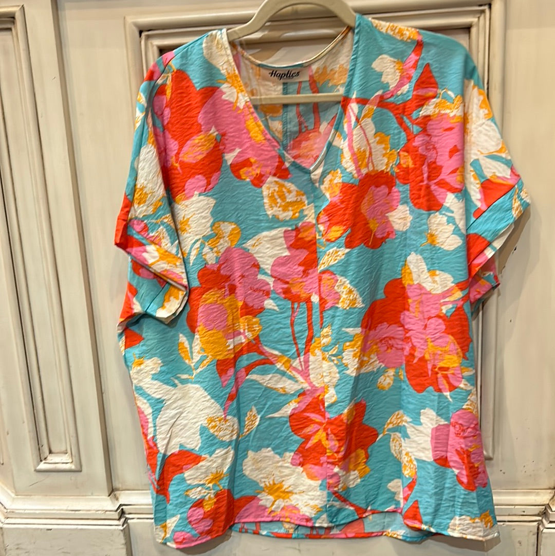 Drop Shoulder Dolman Banded Floral Aqua/Coral Top