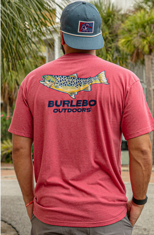 Model featuring men's red Burlebo speckled trout tee.