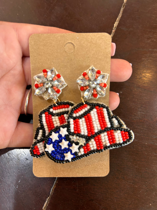 Red, white, and blue beaded cowboy hat earrings with jewel flower stud.