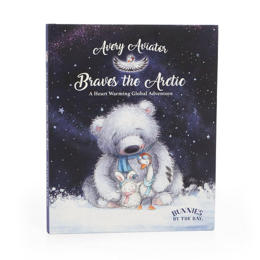 A small book with an arctic scene featuring a polar bear, duck, and bunny. "Braves the Arctic"
