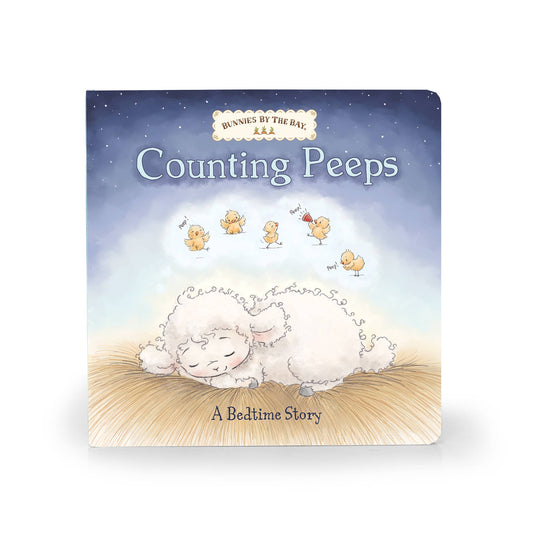 A small book with a sheep sleeping on hay, while dreaming of chicks. "Counting Peeps"