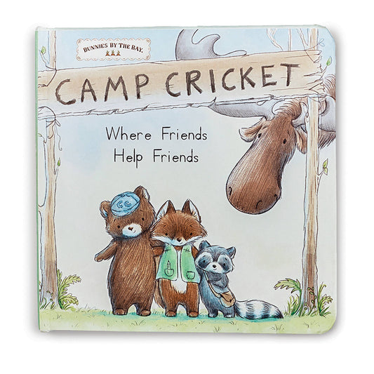 A small book with bear, fox, raccoon, and moose friends on the cover. "Camp Cricket"